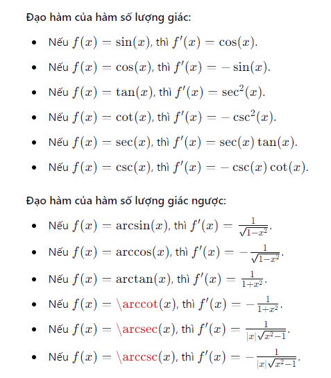 Công thức đạo hàm
